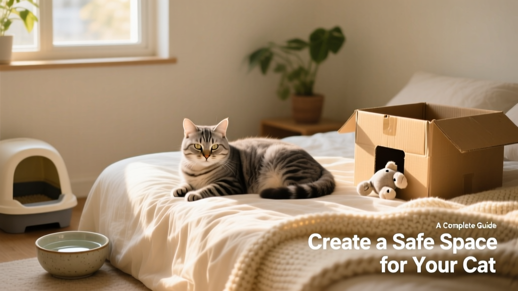 A cat calmly resting on a soft bed beside a litter box and water bowl, with a cardboard box nearby and a small toy visible