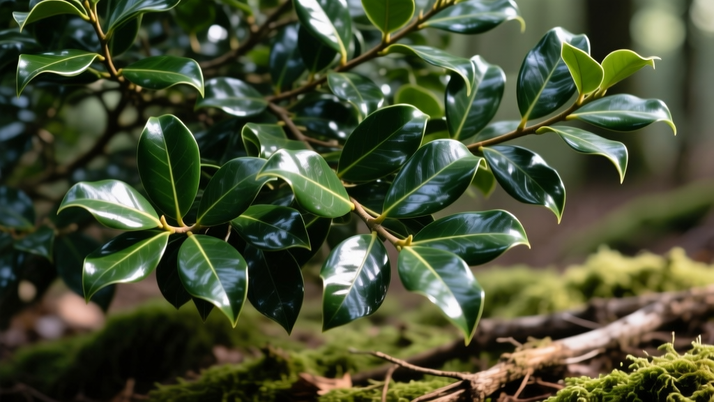 Close up of Skip Laurel broadleaf evergreen foliage showing glossy dark green leaves and dense branching structure
