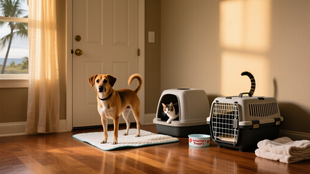 A small, tidy indoor setup: a dog stands on a pee pad near a closed door; a cat uses a covered litter box nearby; both areas are well-lit and free of clutter.