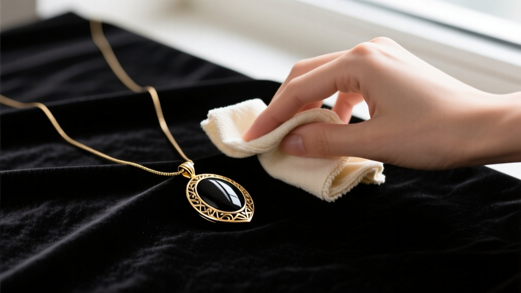 Hands gently wiping a black gold pendant with a dry microfiber cloth on dark velvet, avoiding liquid jewelry cleaning solutions
