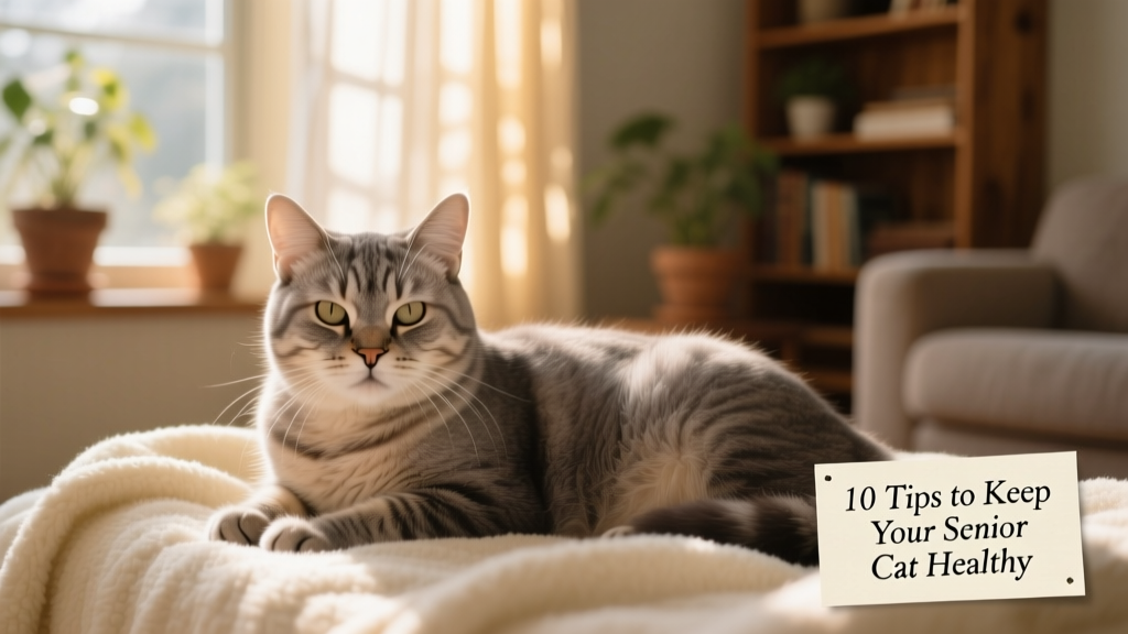Senior cat resting peacefully on a soft blanket near a sunlit window