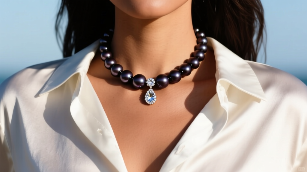 Woman wearing a dark Tahitian pearl choker and diamond drop over a white silk shirt in soft natural light for an editorial.