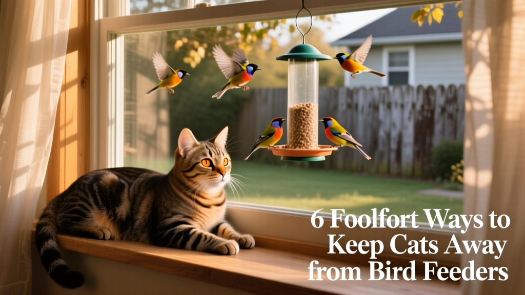 Cat comfortably lounging on a window perch with a view of a bird feeder outside, separated by glass