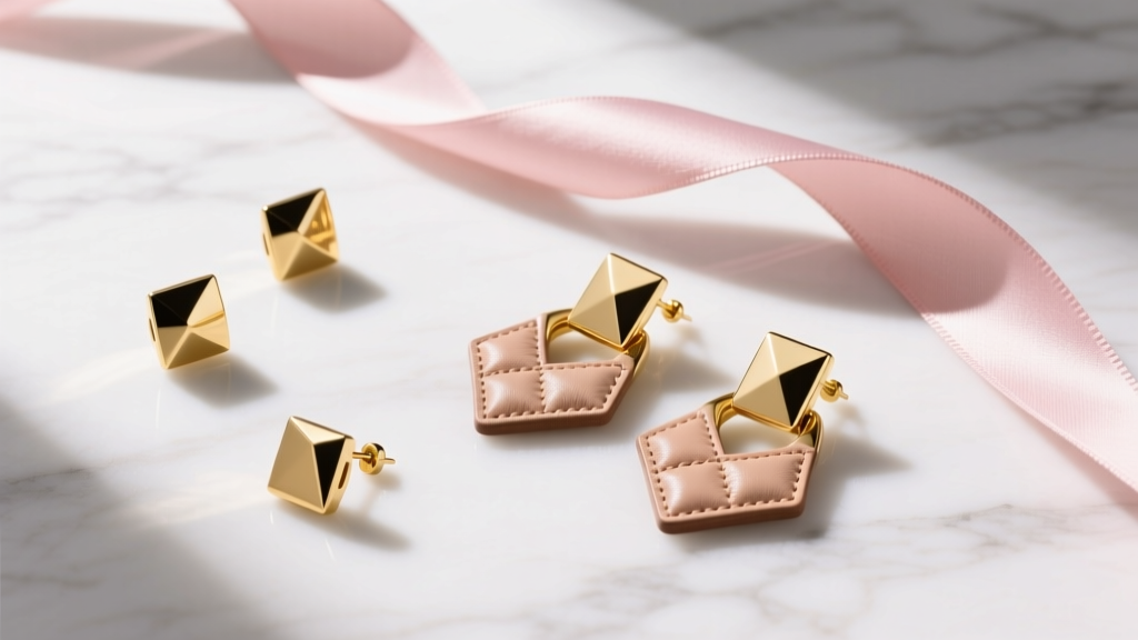 Flat lay of gold-tone fashion jewelry studs and leather Matelassé earrings on white marble with a pastel pink silk ribbon.