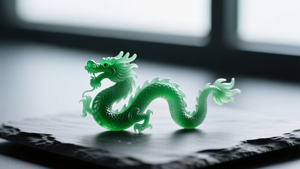 Vibrant green Type A jadeite pendant carved into a coiled dragon resting on dark slate, soft lighting highlighting edges.