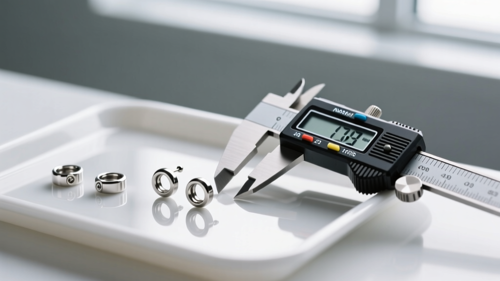 Polished ASTM F136 titanium tragus earring components on a sterile tray next to a pair of calibrated digital measuring calipers
