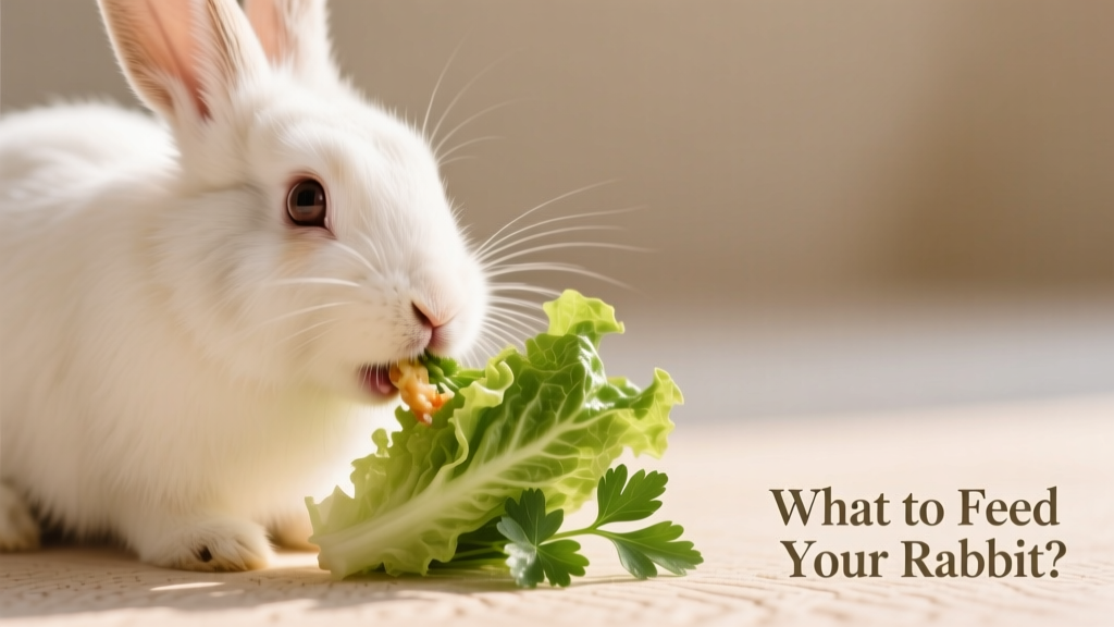 Close-up of a rabbit chewing vibrant romaine lettuce and parsley on a clean surface