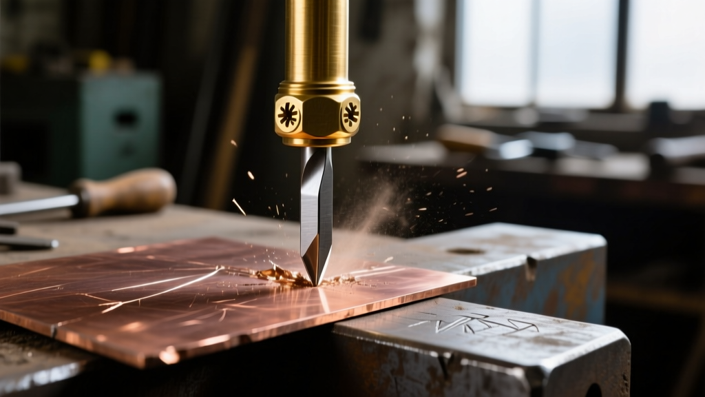 Brass tube rivet flared with a steel center punch on raw copper sheet, set on a scratched steel bench pin in a dim workshop