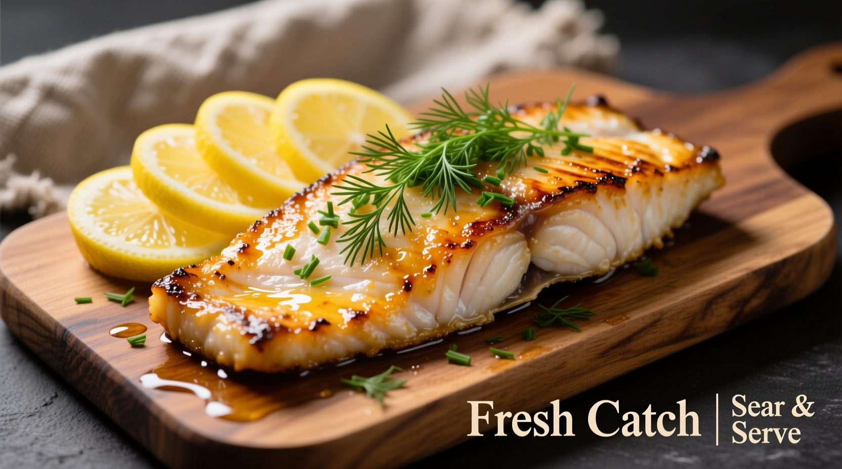 Golden seared cod fillet with lemon slices and fresh dill