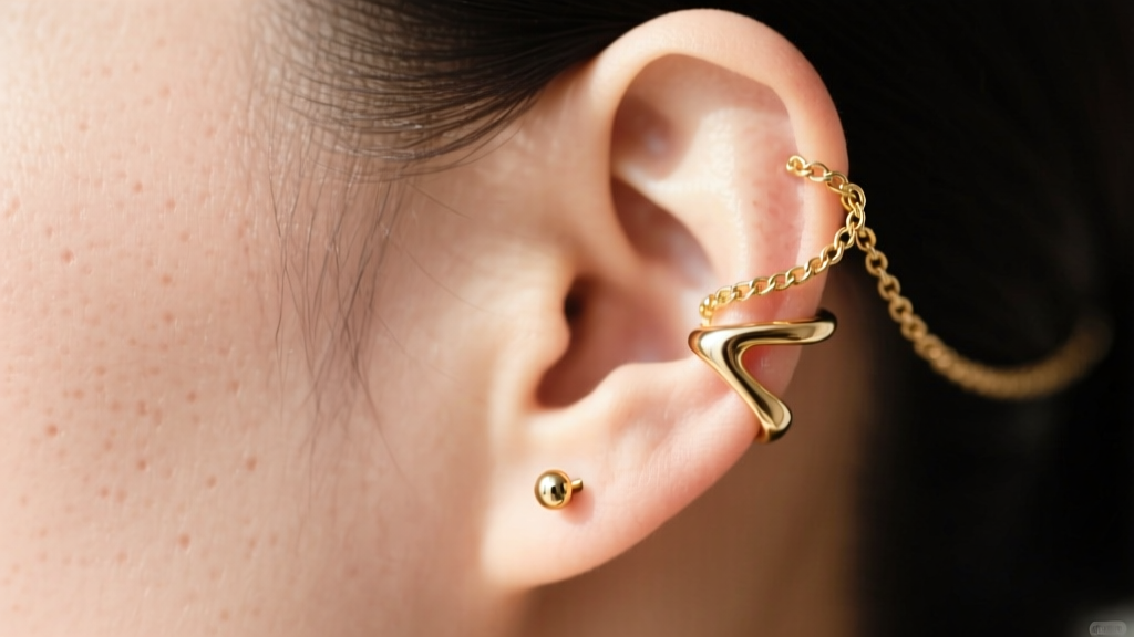 Close-up of an ear wearing a gold chain connecting a lobe stud to an ear cuff, soft lighting highlighting the metallic texture