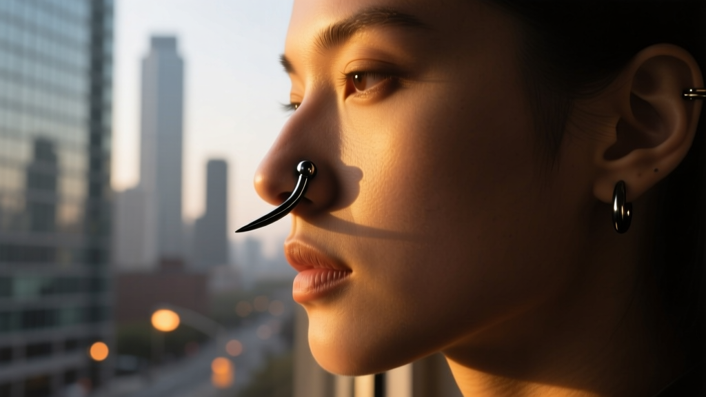 Moody profile close-up of a matte black niobium septum tusk against warm skin tones, featuring a softly blurred urban background