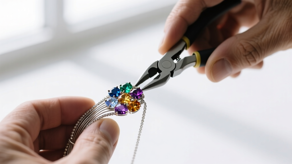 Close-up of jeweler hands using a crimping tool to secure 49-strand micro-wire on a multi-gemstone colorful crystal necklace clasp