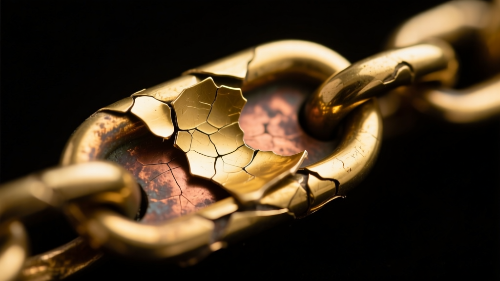 Macro photo of gold plating wearing off a brass chain clasp, revealing the copper base metal underneath the heavily worn surface.