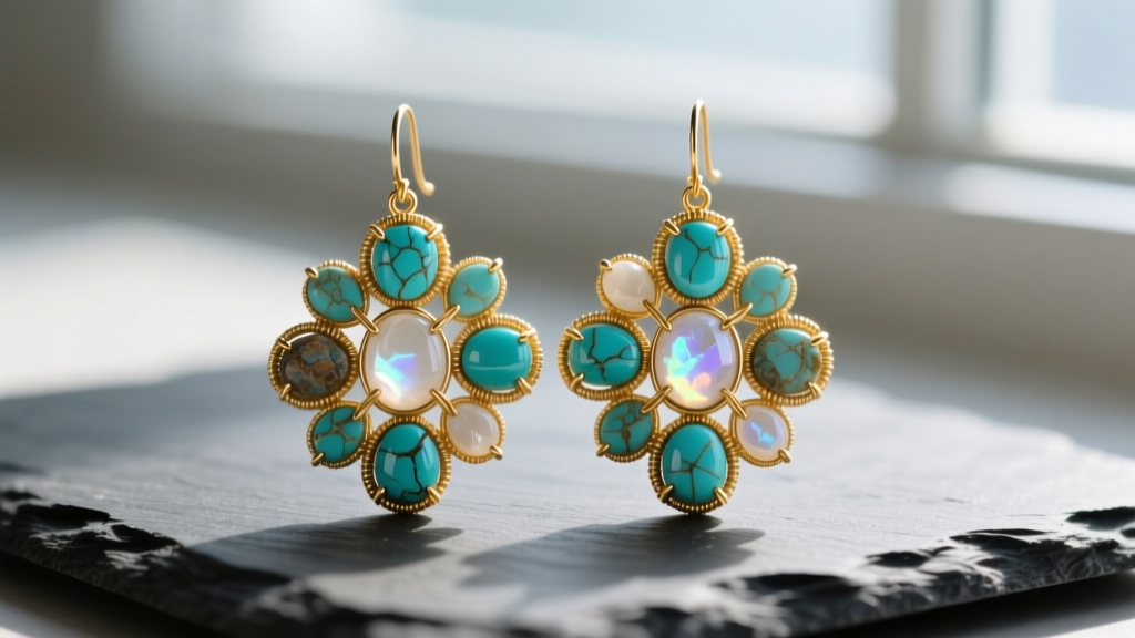Macro shot of handmade gold wire-wrapped cluster earrings with raw turquoise and moonstone cabochons resting on dark slate surface