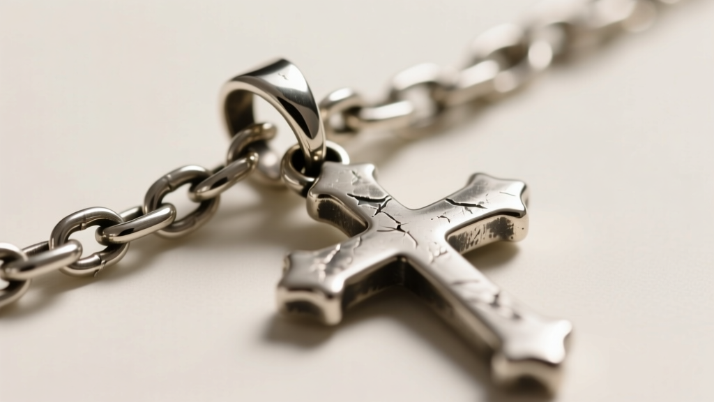 Macro shot of a sterling silver box chain threading through an antiqued silver cross pendant bail, showcasing the lobster clasp.