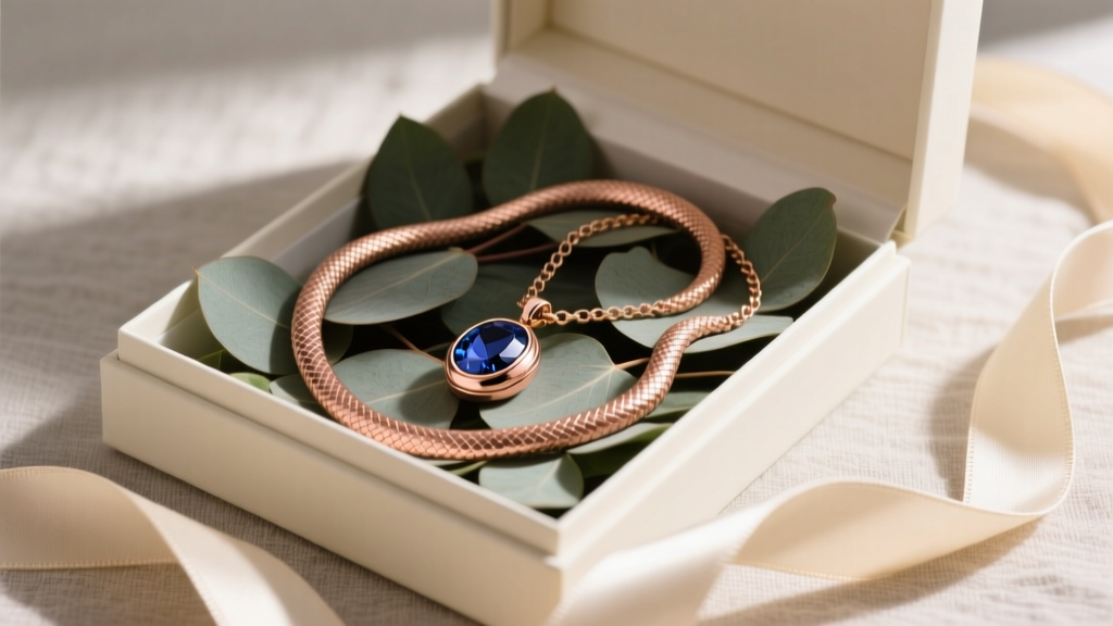Open gift box revealing an 18-inch rose gold snake chain with sapphire locket, resting on eucalyptus leaves and cream silk ribbon