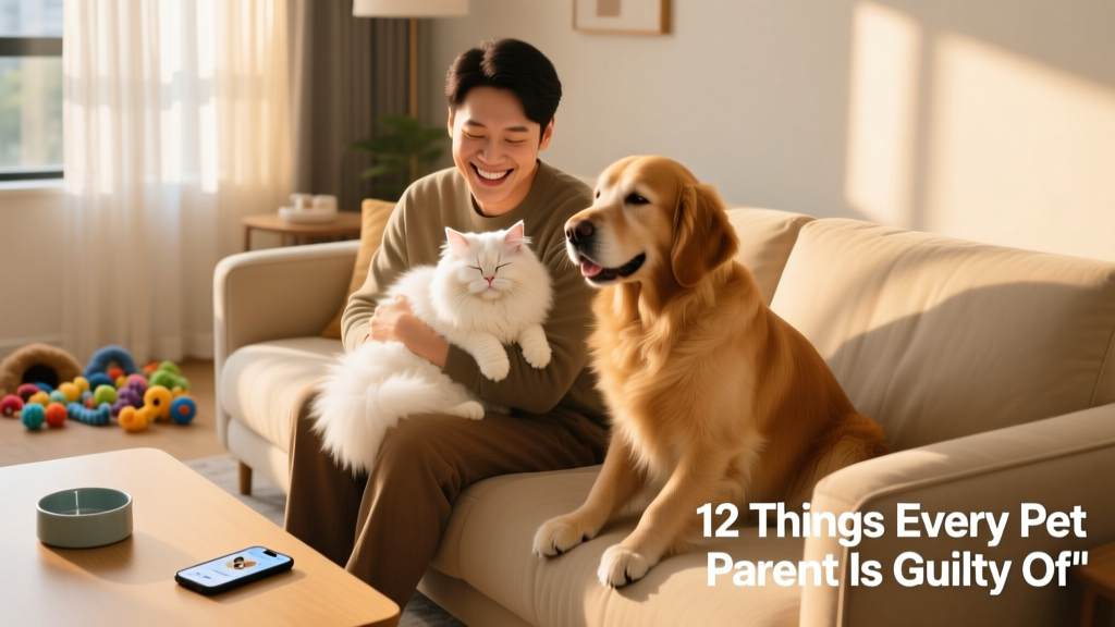 A joyful family photo featuring a smiling human holding a fluffy cat while a golden retriever sits beside them on a sofa