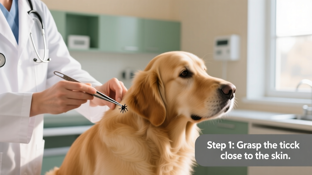 Veterinarian demonstrating safe tick removal using fine-tipped tweezers on a dog's shoulder