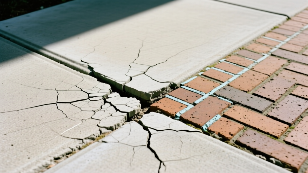 Close-up of a cracked concrete sidewalk adjacent to interlocking brick pavers, highlighting differential settlement and repair joint lines
