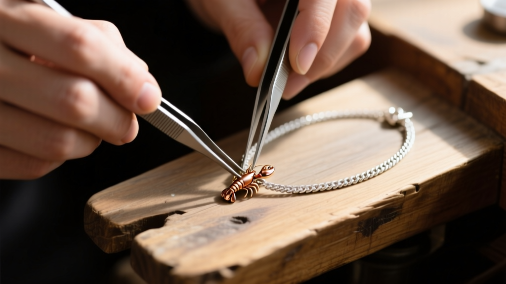 Close-up of a jeweler using tweezers to attach a lobster clasp to a delicate white gold cable chain necklace on a wooden bench.