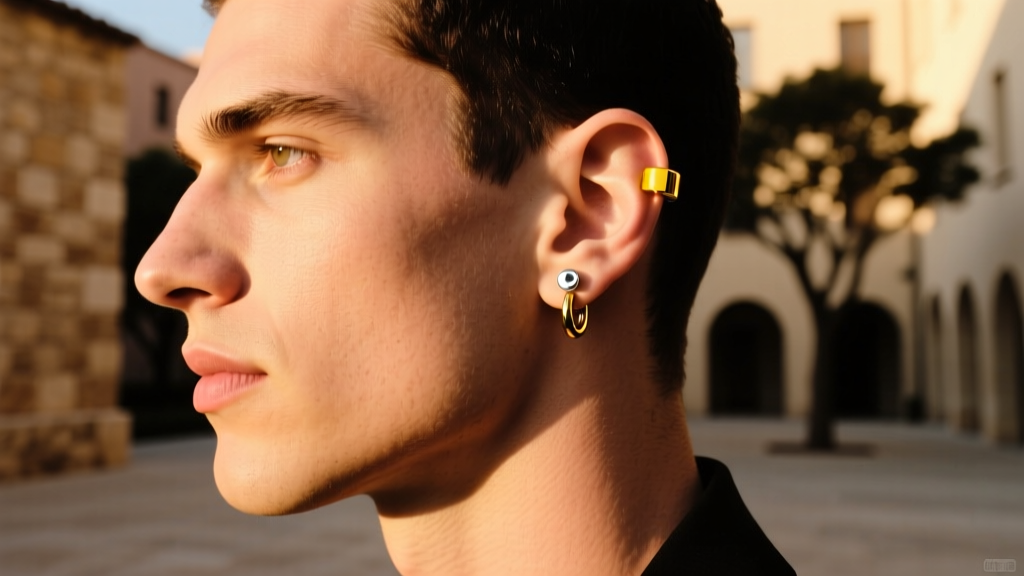 Man profile showing a 14g yellow gold cartilage clicker hoop and silver lobe stud, photographed in outdoor golden hour light.