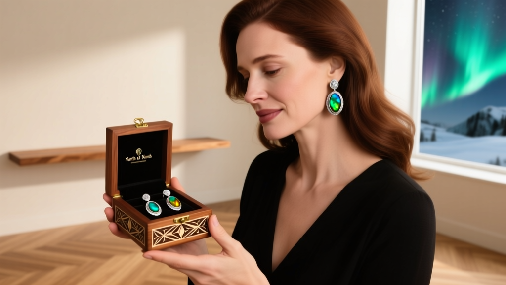 Woman receiving a small wooden gift box containing silver and ammolite North of North earrings, celebrating a milestone anniversary