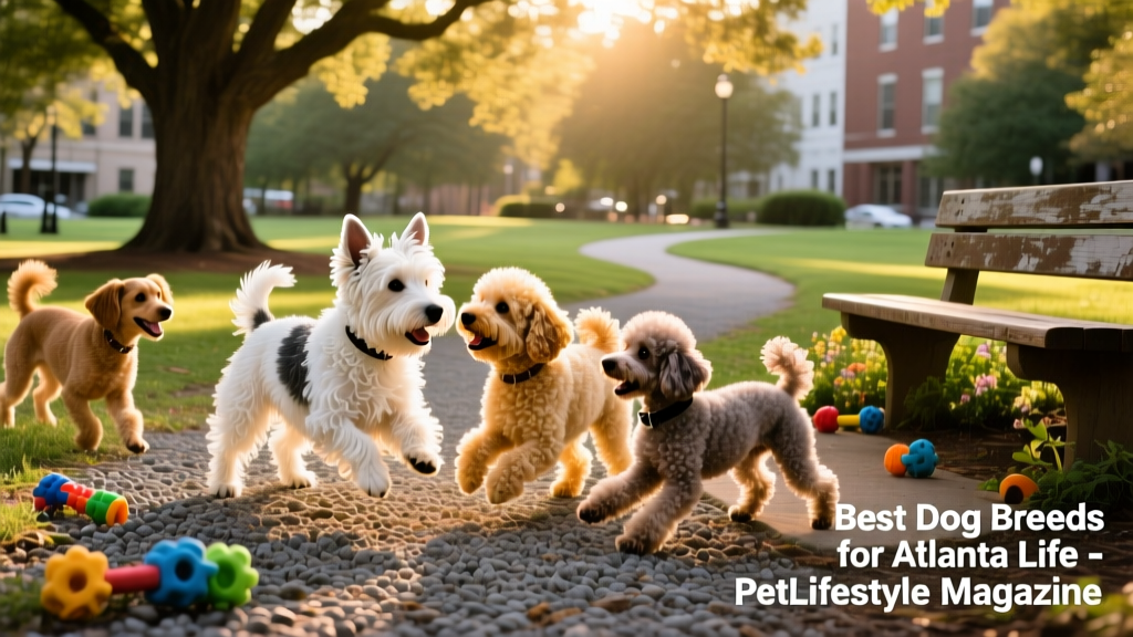 A diverse group of shelter dogs — including a Westie mix, a Bichon mix, and a Miniature Poodle — playing together in a shaded Atlanta dog park