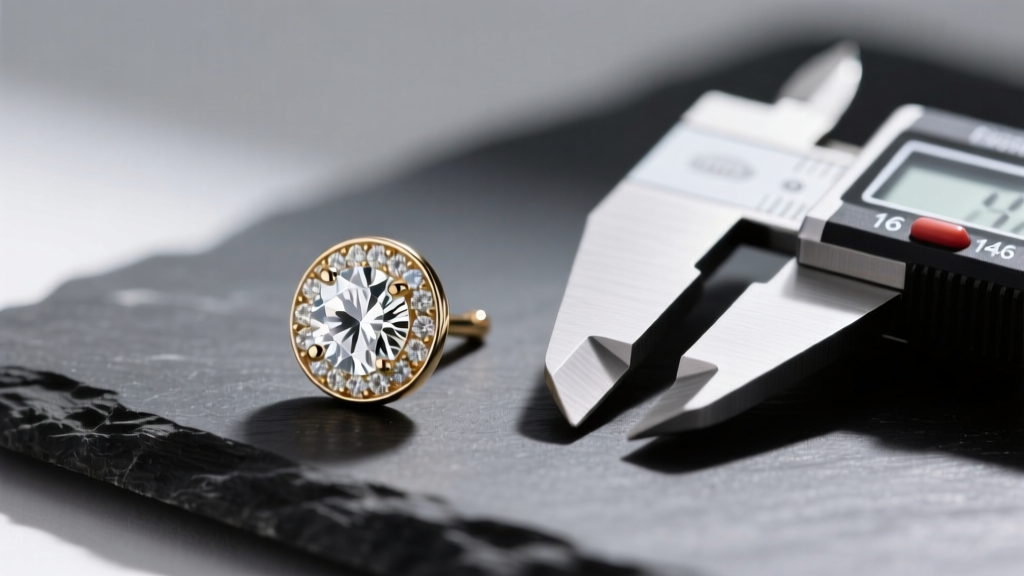 Macro shot of a 16-gauge 14k white gold bezel-set diamond stud earring resting on dark slate next to a digital caliper tool.