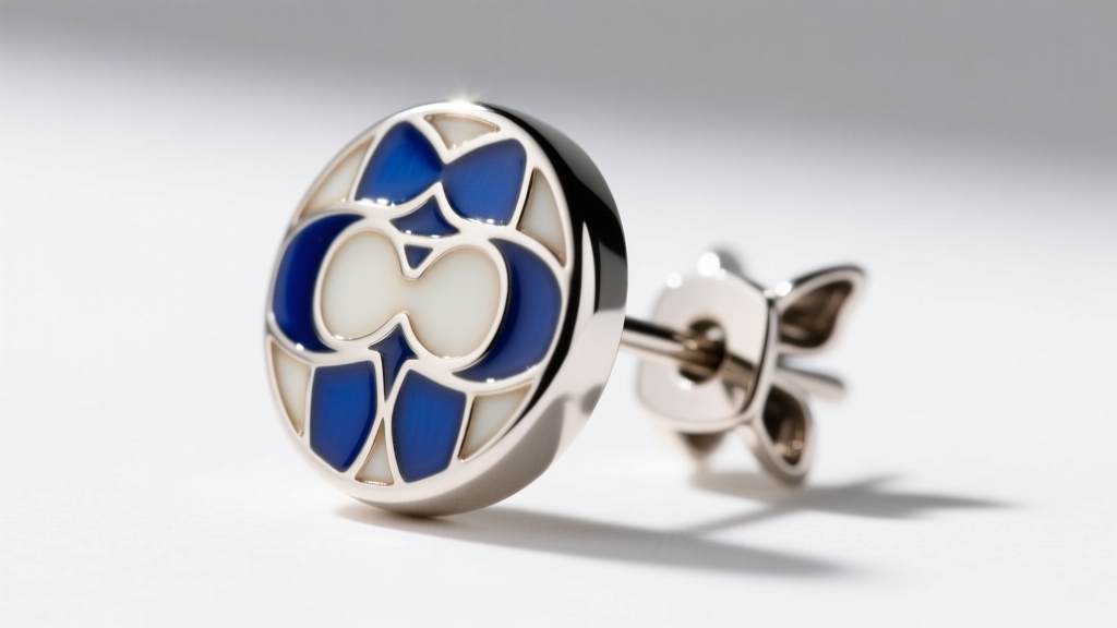 Macro shot of palladium-plated Coach stud earring highlighting intricate enamel inlay work and a standard secure butterfly backing.
