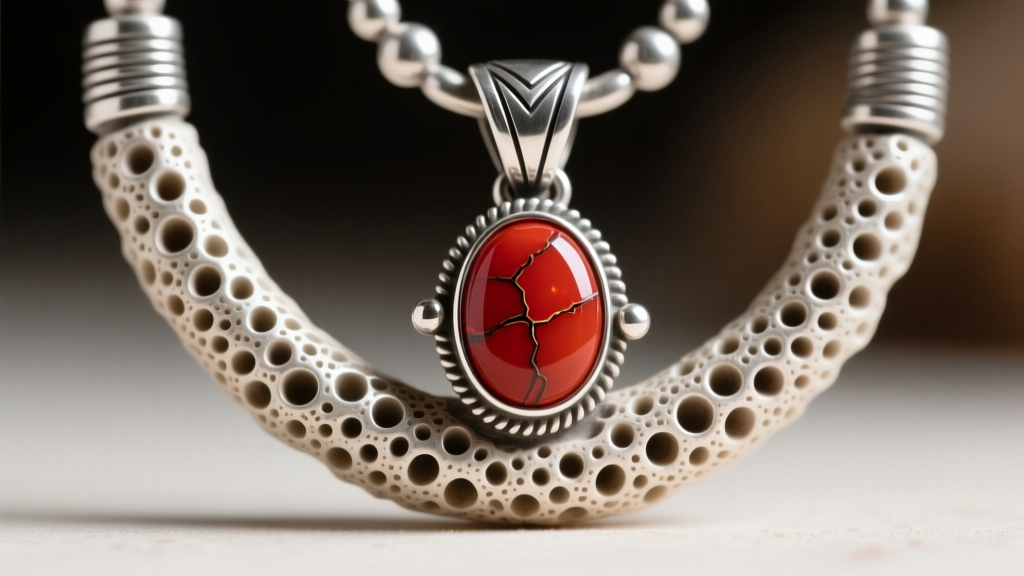 Macro shot of tufa-cast sterling silver Navajo naja pendant showing porous texture and a single bezel-set oxblood coral cabochon