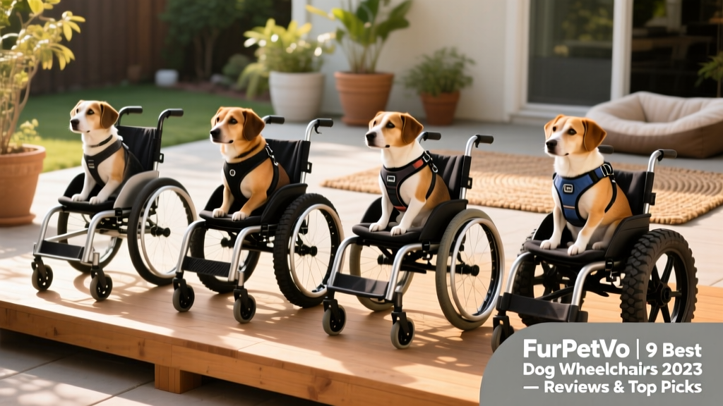 Side-by-side comparison of four different FurPetVo dog wheelchairs showing frame materials, wheel types, and harness styles