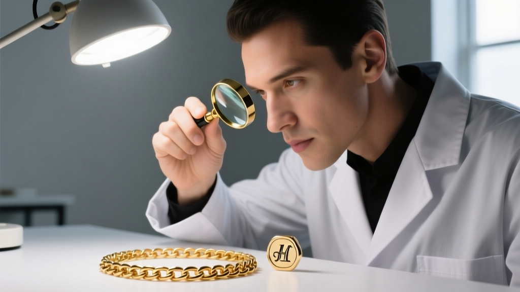 Jeweler using a loupe to inspect the hallmark stamp on a solid gold luxury chain link under a focused bright LED desk lamp