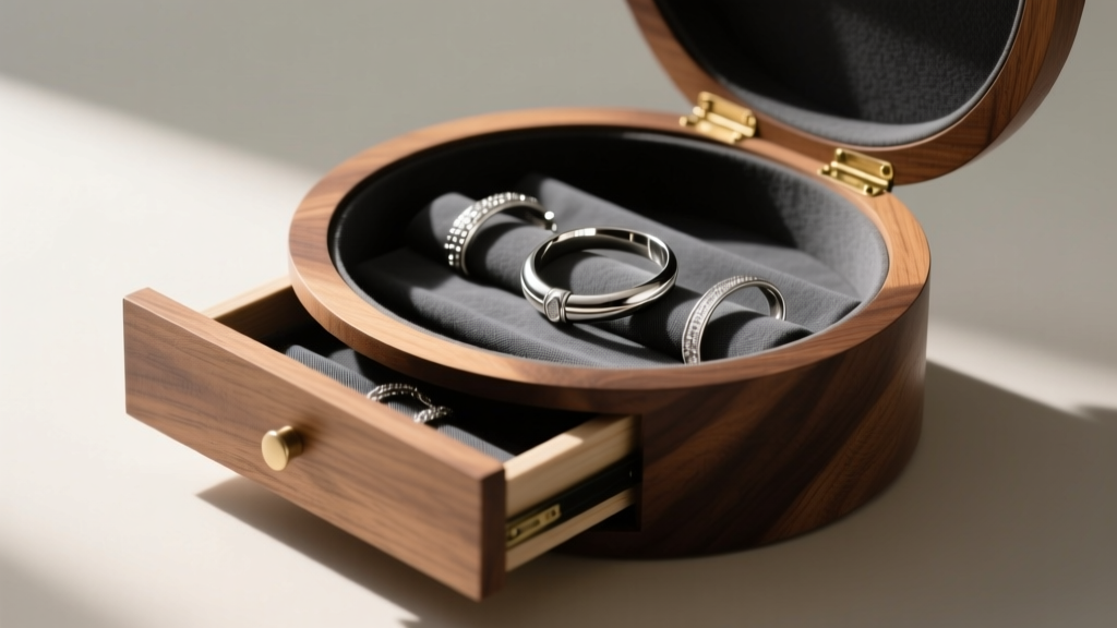 Wedge-shaped drawer pulled from a round wooden box, containing polished silver bracelets resting on a dark grey anti-tarnish cloth.