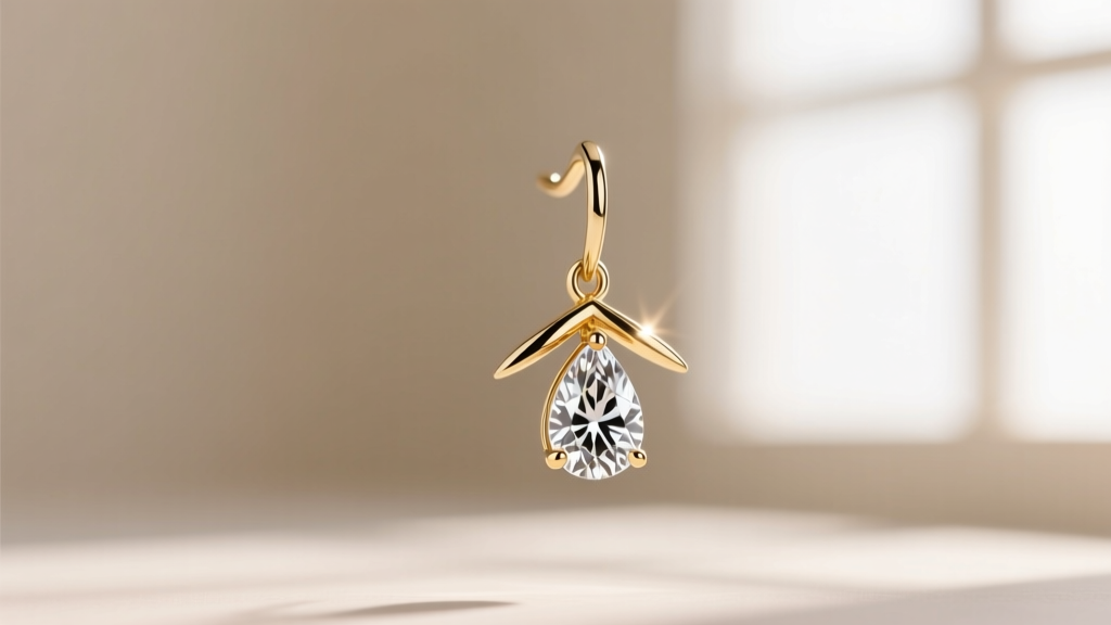 Close-up of a five-prong 18k white gold setting securing the pointed tip of a pear diamond drop earring against a soft backdrop.