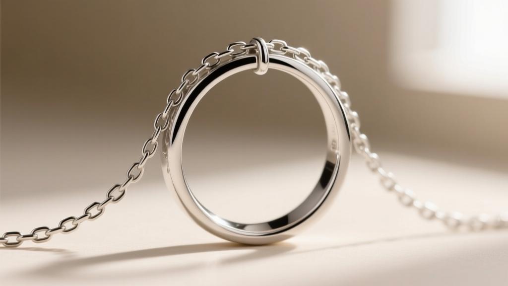 Macro shot of a 1.2mm stainless steel box chain threaded through a polished sterling silver promise ring at the top inner edge.