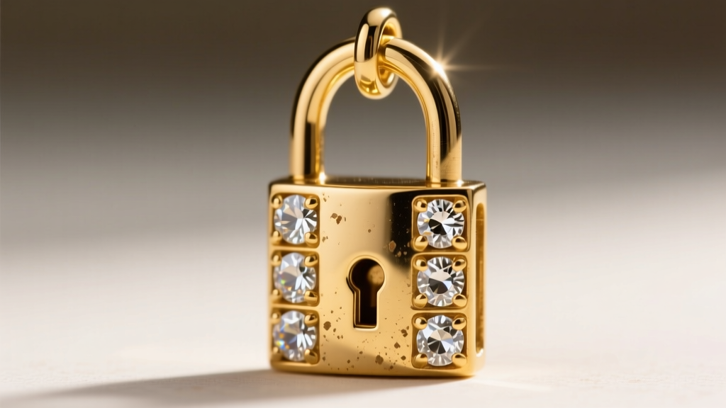 Macro photography showing the thick 14k gold electroplating and prong-set Austrian crystals on a heavy brass Y2K era lock charm.