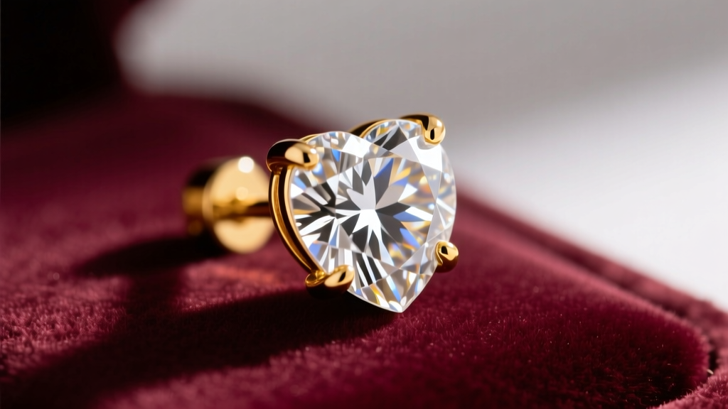 Close-up of a sparkling 1-carat diamond heart earring set in 14k yellow gold with a five-prong setting, resting on soft velvet.