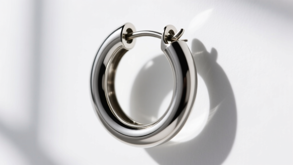 Macro shot of a 20-gauge titanium threader hoop hinge, showing seamless closure and polished finish against a plain white backdrop