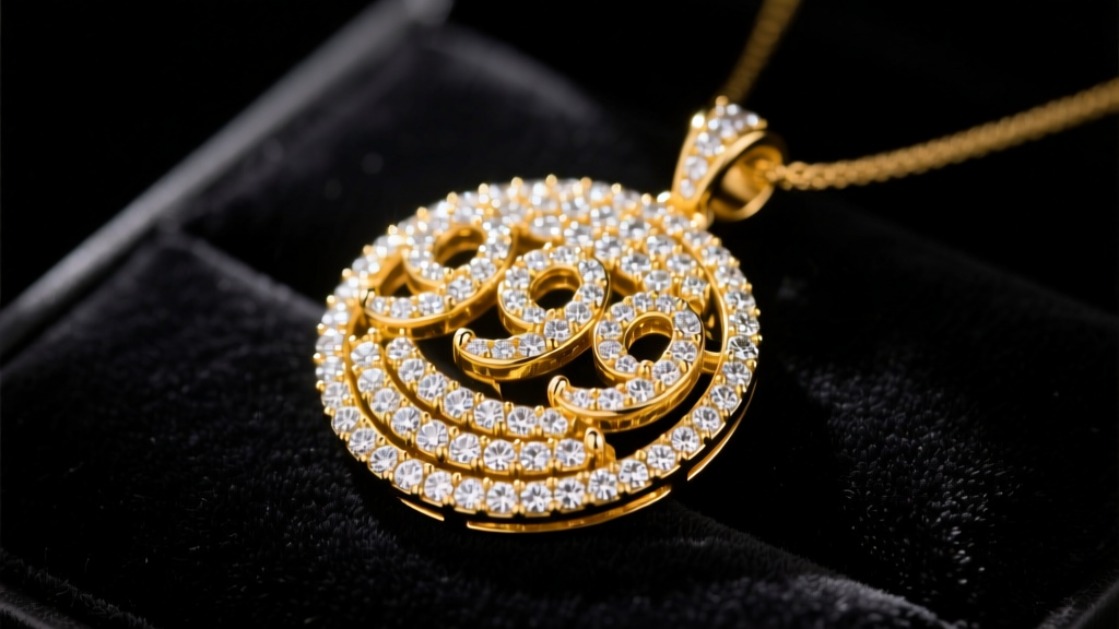 Heavy diamond-encrusted 999 pendant on dark velvet, illuminated by cool studio lighting to highlight the micro-pave facets