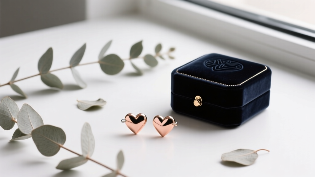 Flat lay of non-piercing magnetic heart nipple jewelry in rose gold, placed beside a dark velvet jewelry box and dried eucalyptus