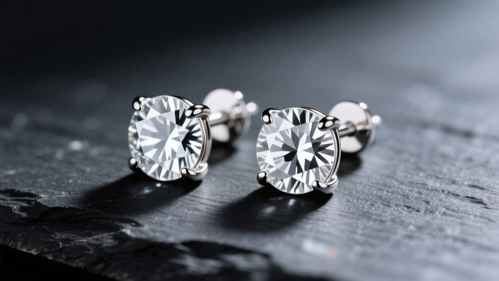 Macro shot of one-carat round brilliant white sapphire stud earrings in platinum, resting on dark slate to highlight icy clarity.
