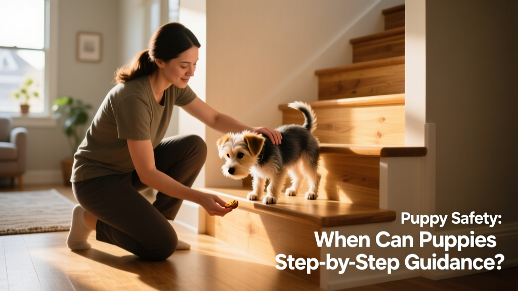 A trainer kneeling beside a small-breed puppy mid-stair descent, guiding with hand support and offering a treat at the landing