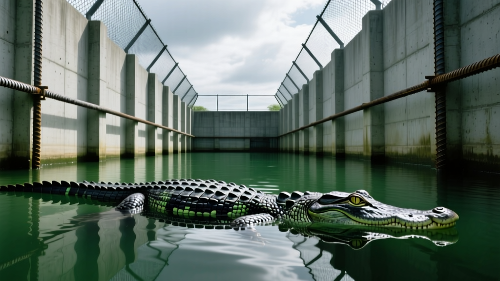 Heavy-duty steel-reinforced concrete walls and security mesh surrounding a deep water moat in a maximum-security alligator enclosure