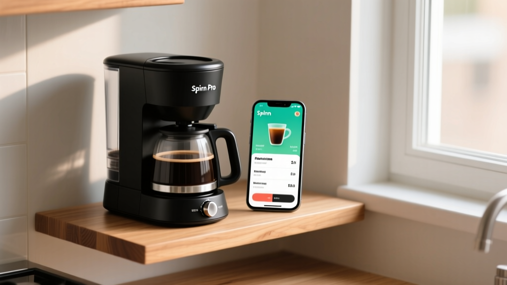 Smartphone displaying Spinn app brewing parameters next to the compact Spinn Pro coffee maker on a small wooden apartment kitchen shelf