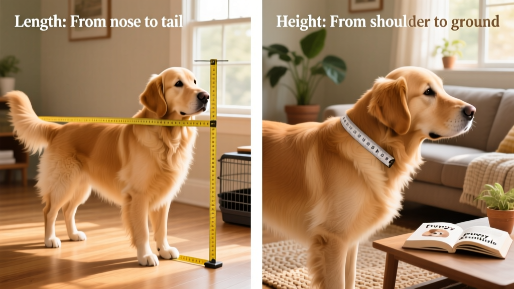 Side-by-side illustration showing how to measure a dog's length and height for carrier sizing