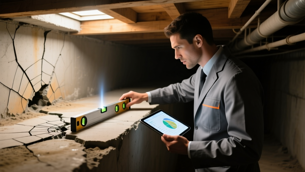 Structural engineer inspecting a cracked concrete slab foundation with a laser level and tablet in a dimly lit crawl space