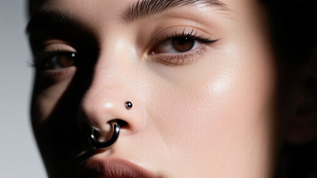 Portrait of a model with a stretched 0-gauge septum piercing wearing a matte black niobium circular barbell under dramatic lighting