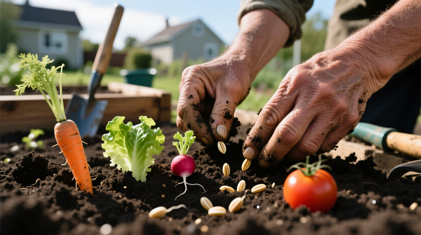 Gardener's hands planting various vegetable seeds in soil