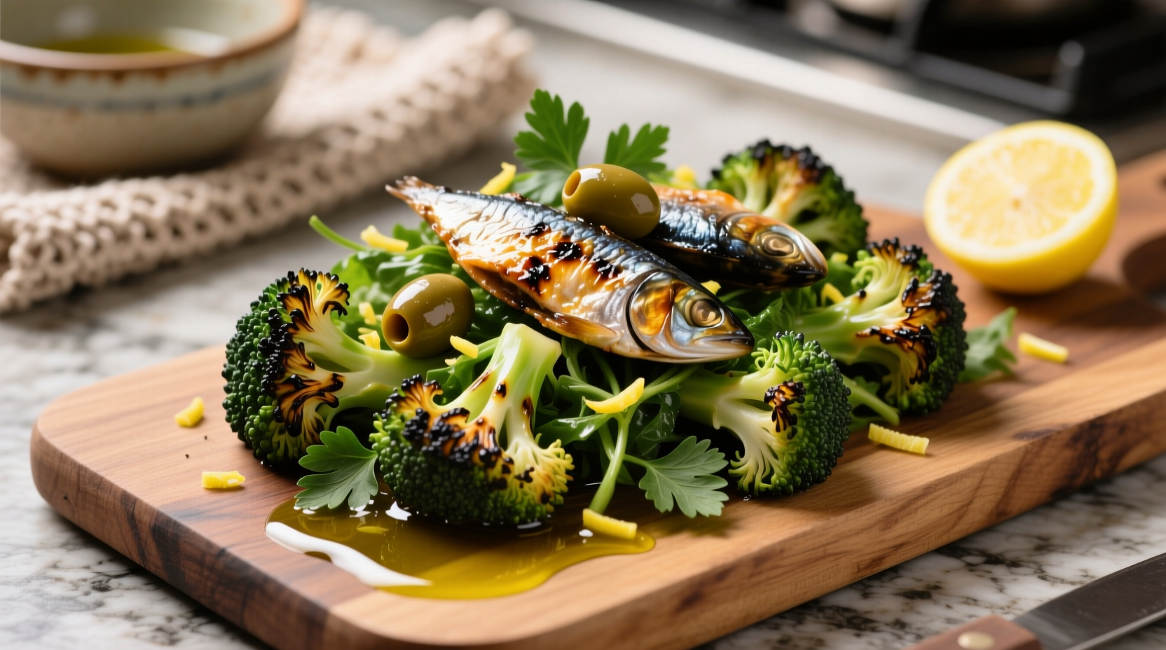 how to make charred broccoli sardine salad