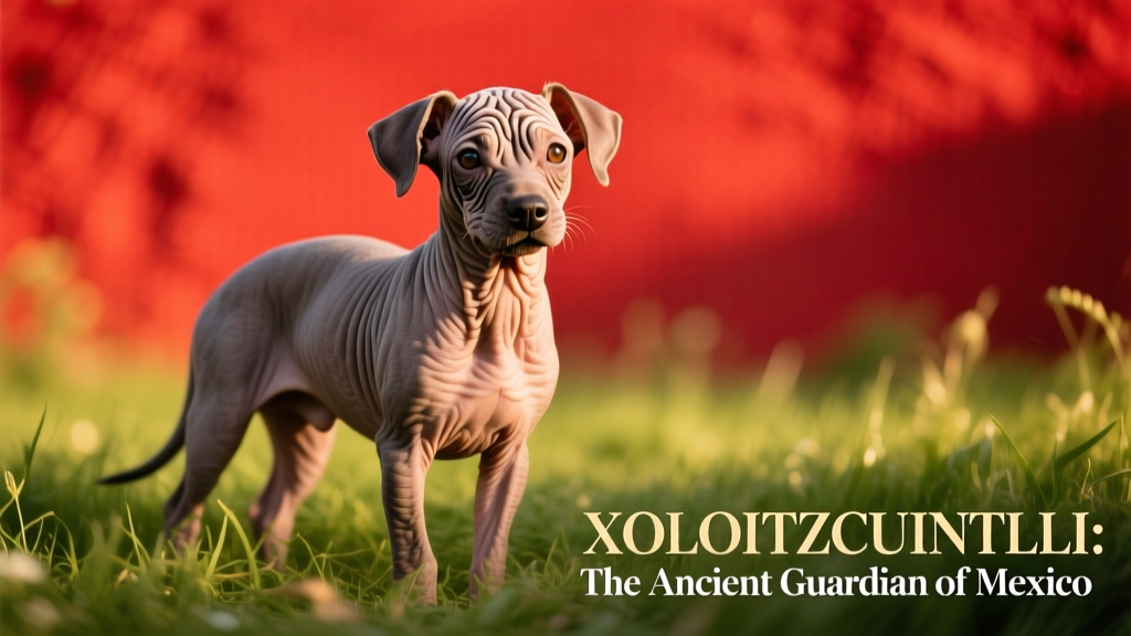 Wrinkly cute Mexican Hairless puppy stands in grass with colorful red background